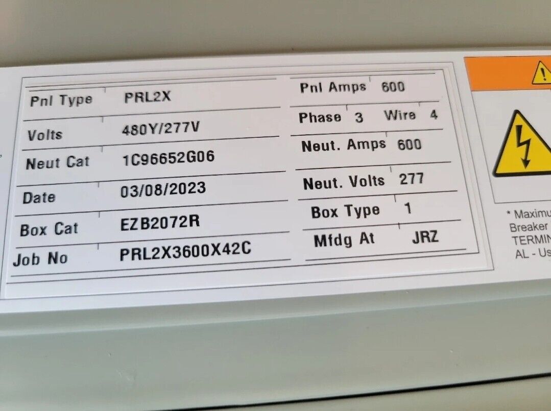 600 AMP PANELBOARD 480V MAIN LUG 42 SPACE 3PHASE 4 WIRE ,COMPLETE PANEL, 72 inch